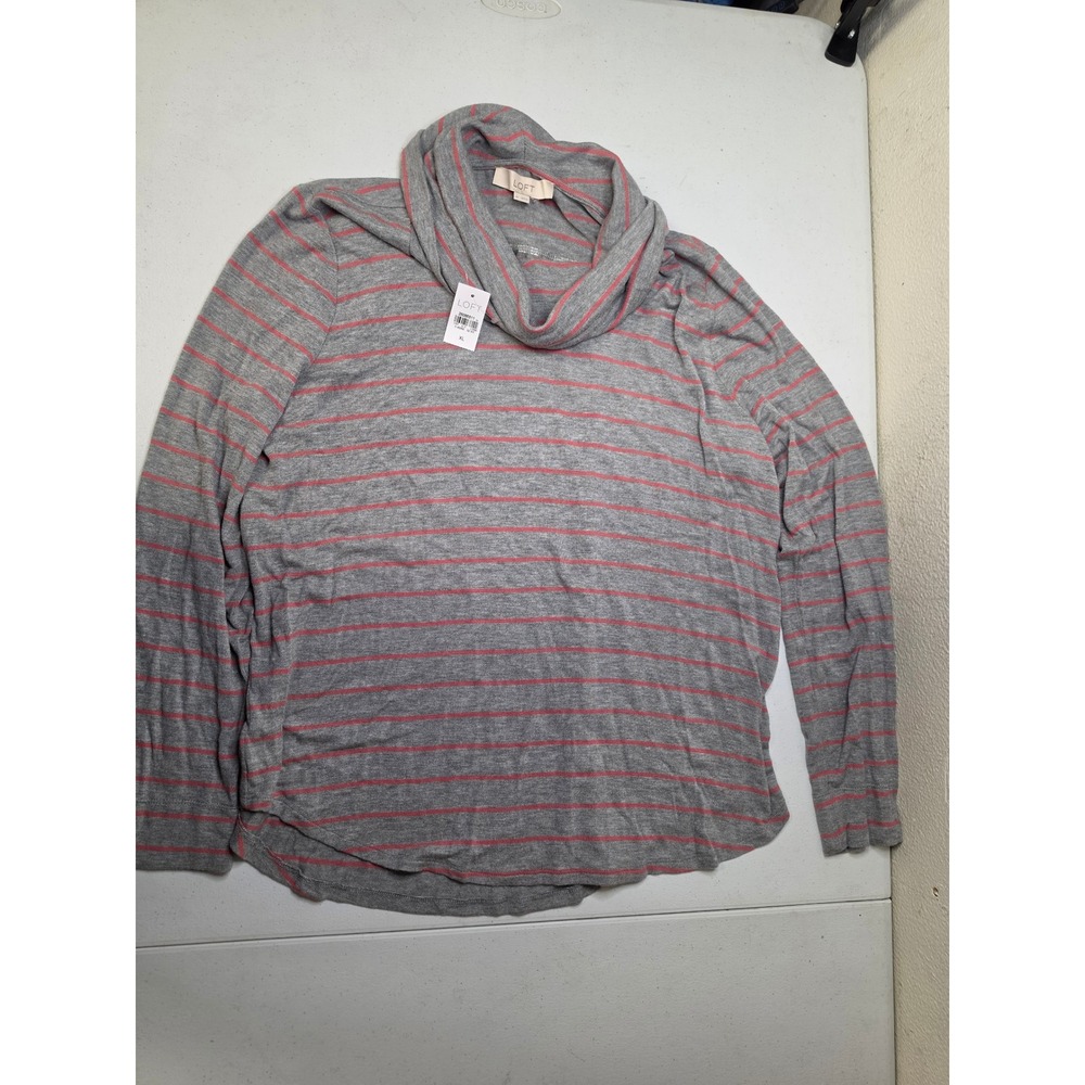 LOFT Womens XL Grey Pink Striped Cowl Neck Long Sleeve Top NWT
